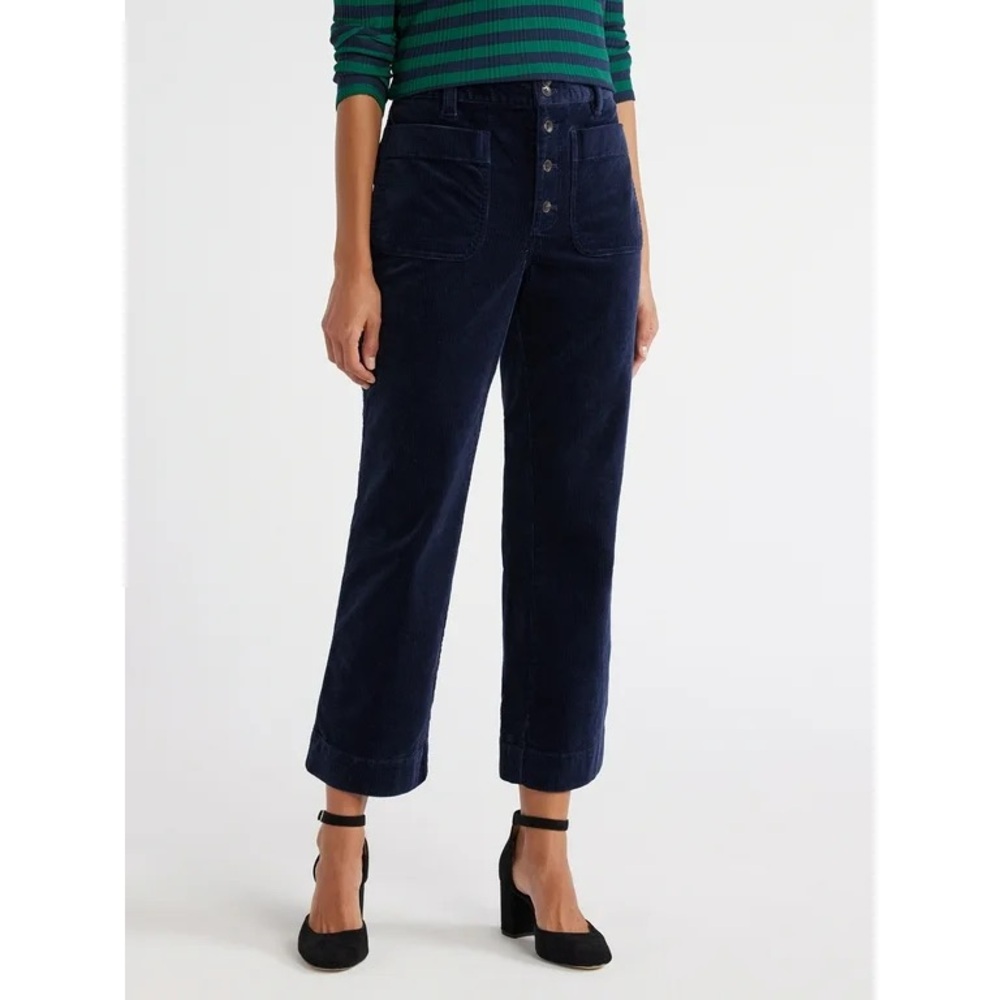 Free Assembly High Rise Cropped Wide Leg Navy Blue Corduroy Front Pocket Pants